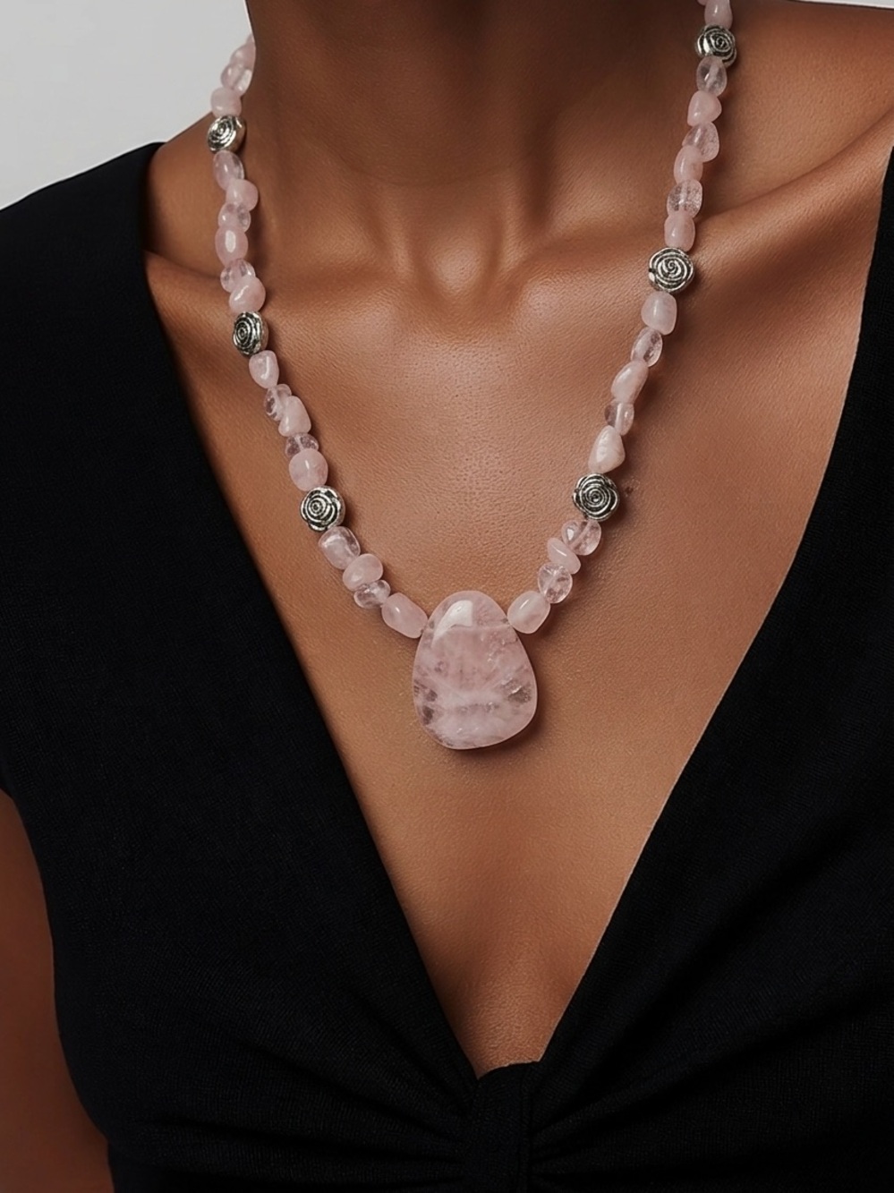 Rose Quartz Statement Pendant Necklace - Pink